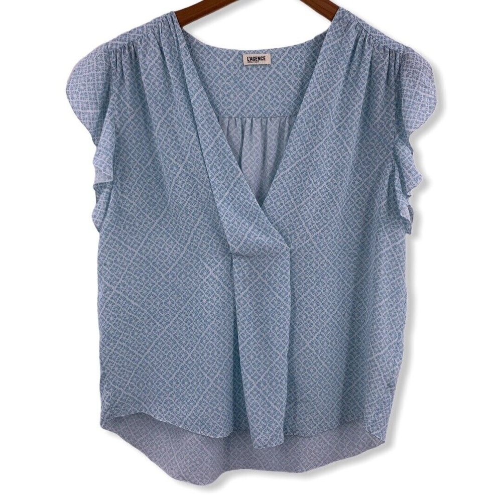 L’Agence Silk Top Blue Pattern Flutter Sleeve Feminine Cottage French Chic Sz 2‎